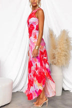 JEANINE | ONE SHOULDER PLEATED MAXI DRESS - Red and Pink Print