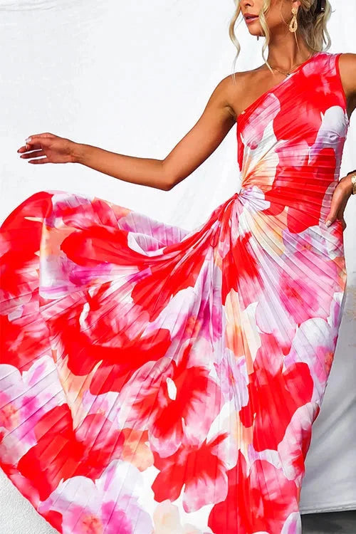 JEANINE | ONE SHOULDER PLEATED MAXI DRESS - Red and Pink Print