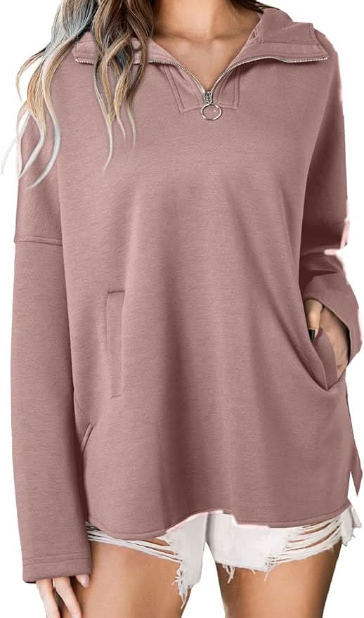 Mauve pink zipper hoodie with collared neckline and functional pockets