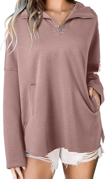 Mauve pink zipper hoodie with collared neckline and functional pockets