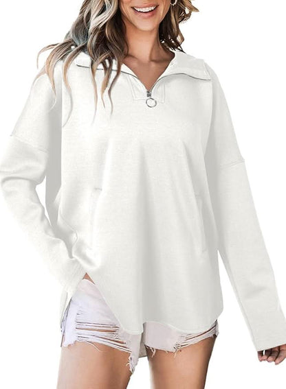 Off-white zipper hoodie with wide collar and relaxed fit