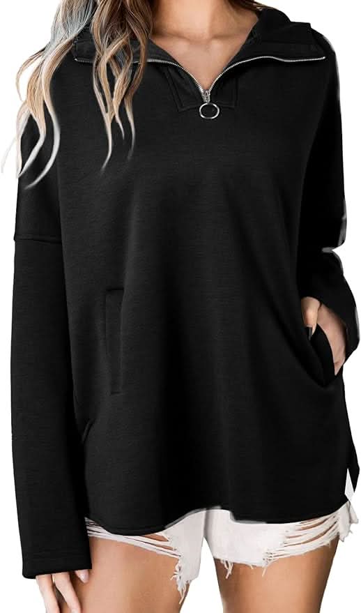 Black quarter-zip hoodie with contrasting trim and side pockets