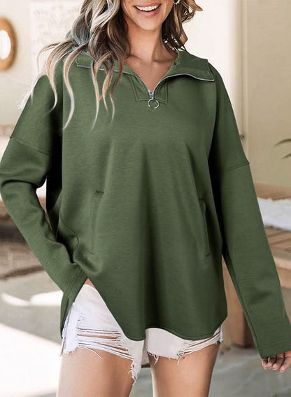 Olive green zipper hoodie with collared neckline and long sleeves