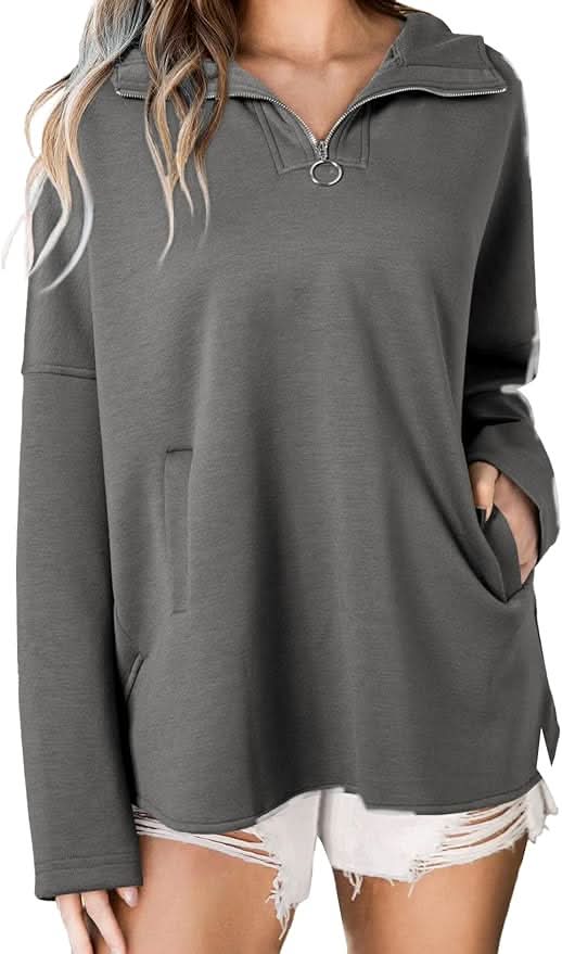 Charcoal gray zipper hoodie with collared hood and side pockets