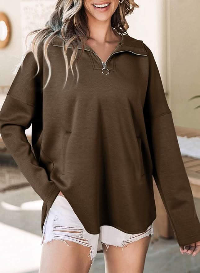 Olive brown quarter-zip hoodie with wide collar and oversized fit