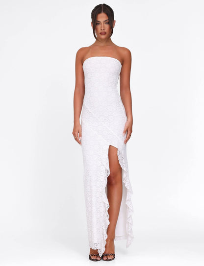 White lace strapless maxi dress with asymmetrical ruffle trim