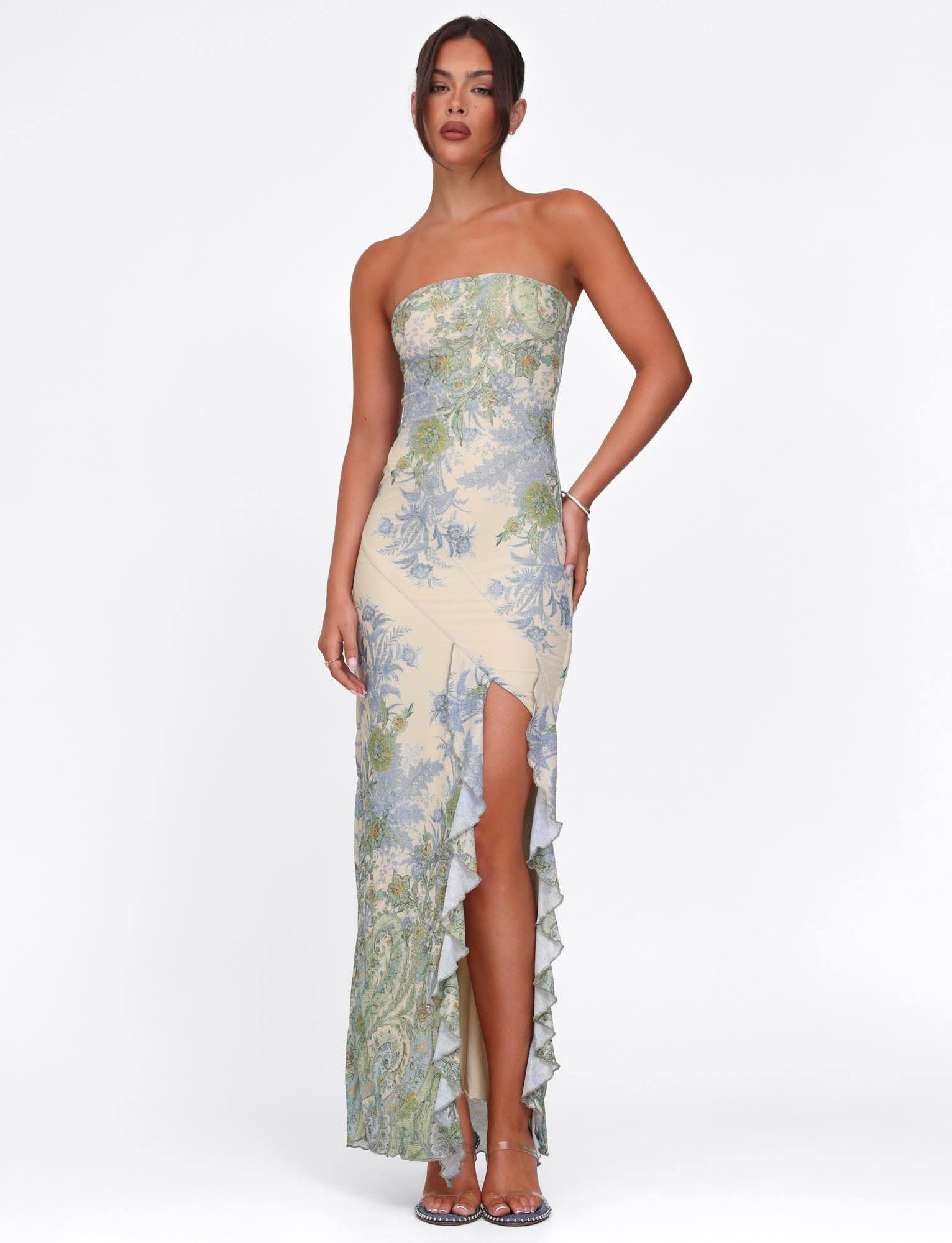 Strapless floral maxi dress with asymmetrical ruffle hem and side slit