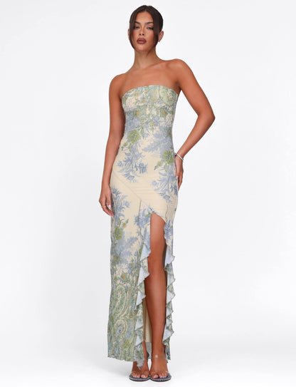 Strapless floral maxi dress with asymmetrical ruffle hem and side slit