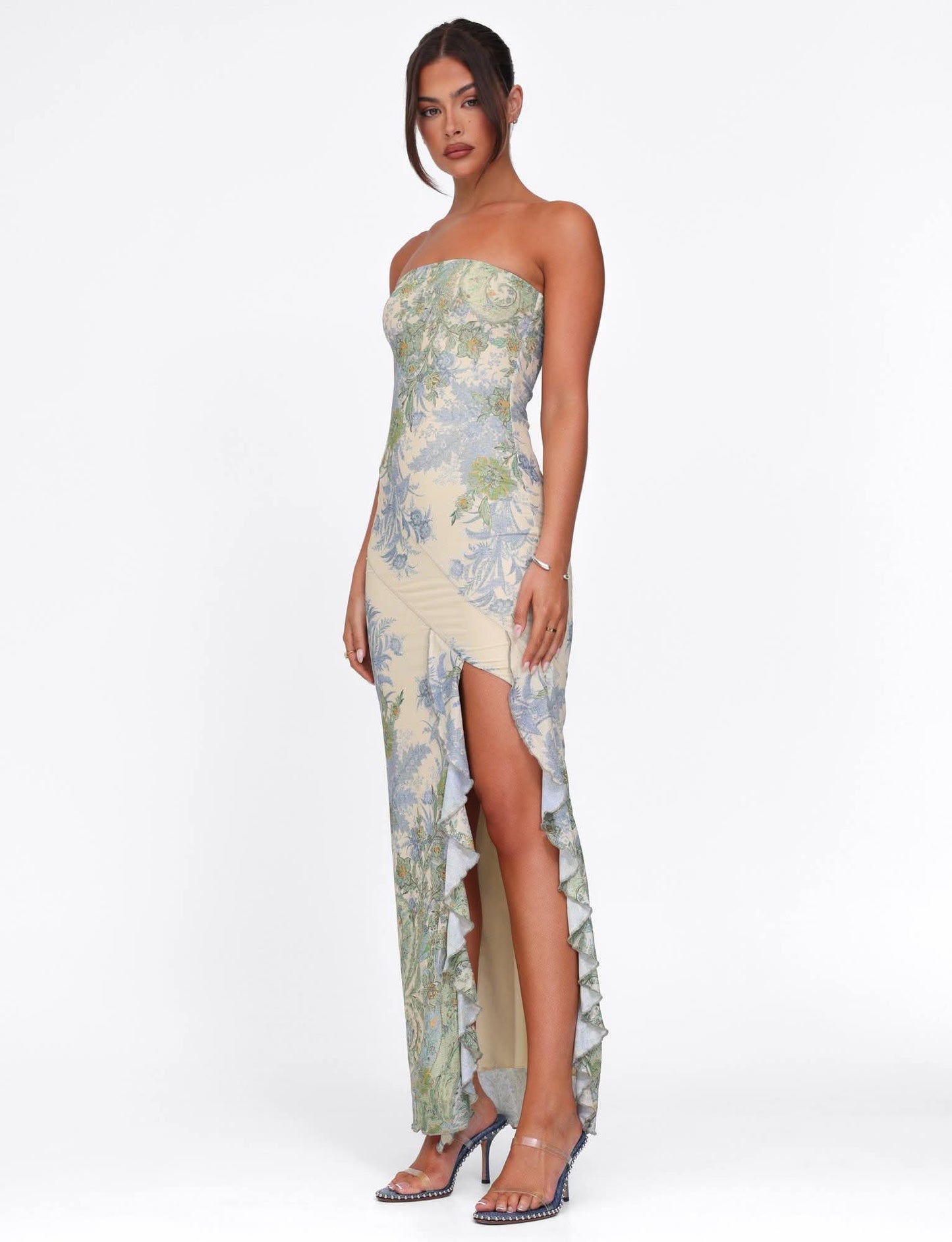 Cream floral maxi dress with blue botanical print and high-low hem detail