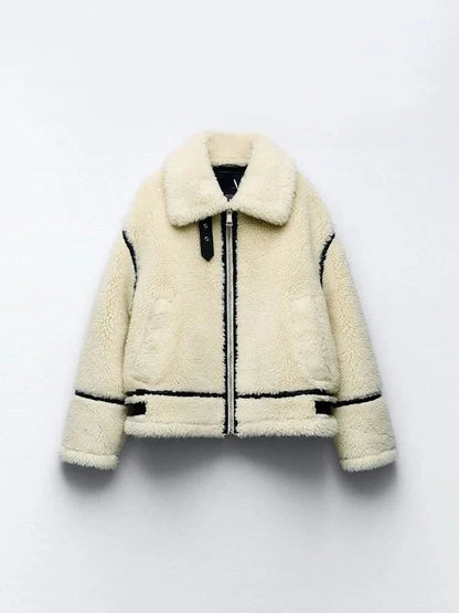 Front flat lay of cream teddy coat with oversized collar and black trim accents
