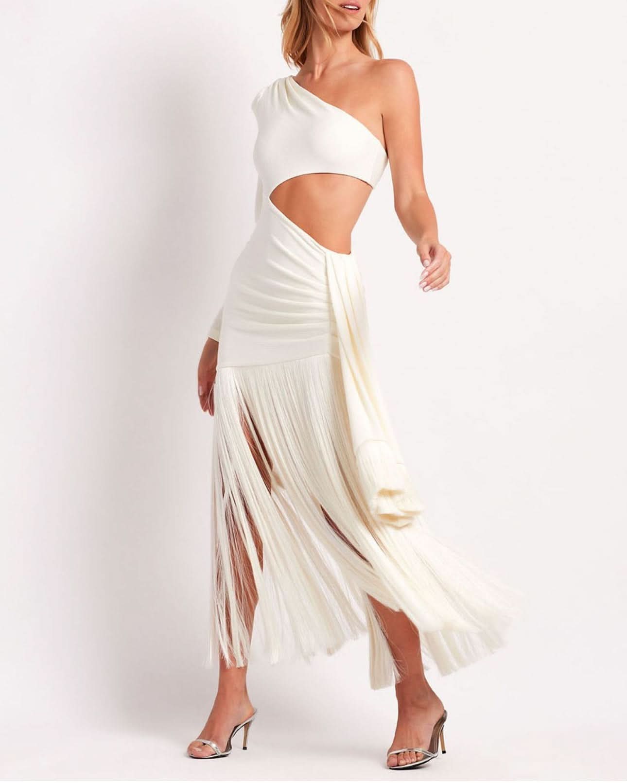 Women's ivory one-shoulder maxi dress with cascading fringe detail and side cutout