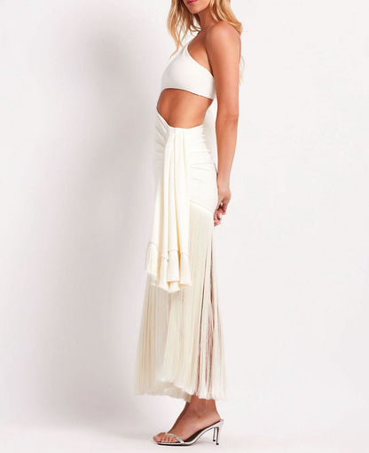 Ivory fringe maxi dress back view showing flowing pleated hem detail for formal wear