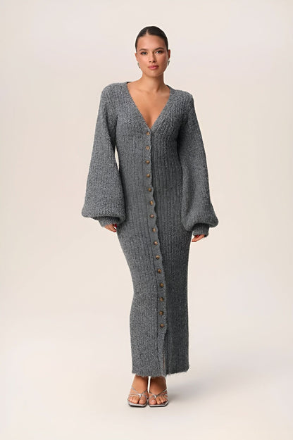 Charcoal gray maxi cardigan with V-neck and balloon sleeves for women
