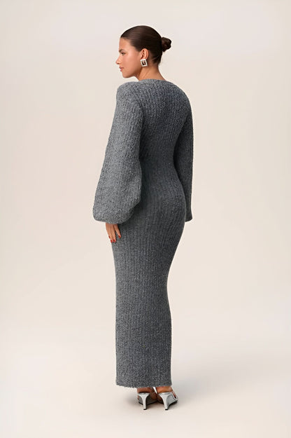 Charcoal gray maxi cardigan with V-neck and balloon sleeves for women