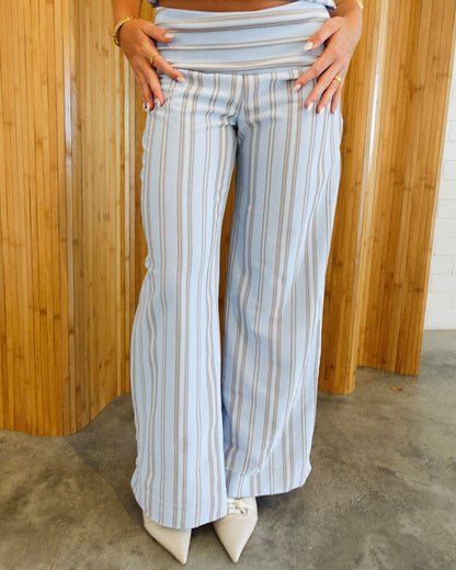Blue and taupe striped wide-leg pants with elastic waistband, front view