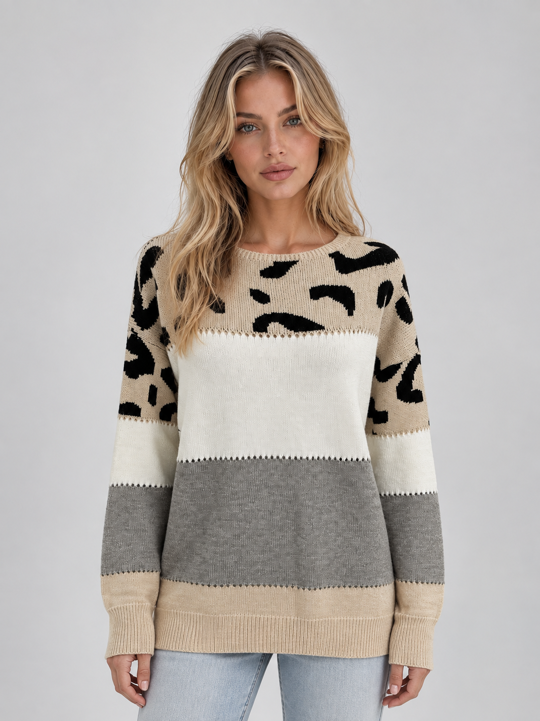 JETTIE | LEOPARD COLORBLOCK CREW NECK SWEATER - Beige Leopard