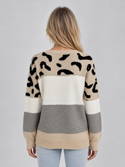 JETTIE | LEOPARD COLORBLOCK CREW NECK SWEATER - Beige Leopard
