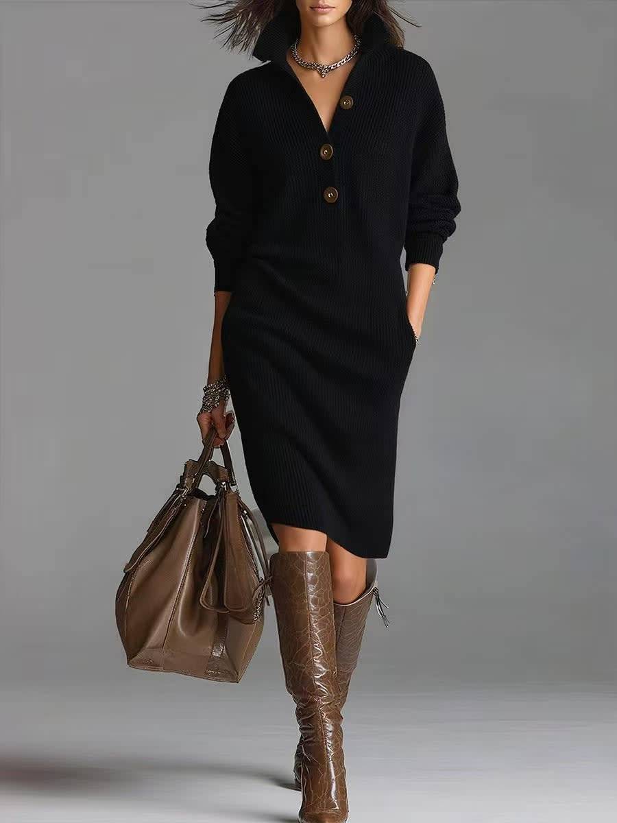 JEZELLE | BUTTON-UP KNIT MIDI DRESS - Black