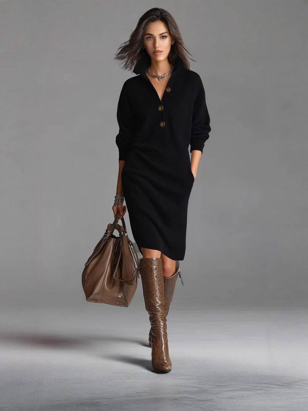 JEZELLE | BUTTON-UP KNIT MIDI DRESS - Black
