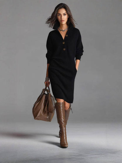 JEZELLE | BUTTON-UP KNIT MIDI DRESS - Black