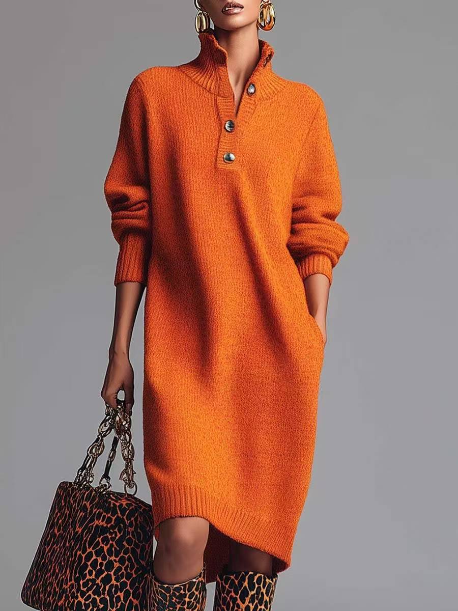 JEZELLE | BUTTON-UP KNIT MIDI DRESS - Orange