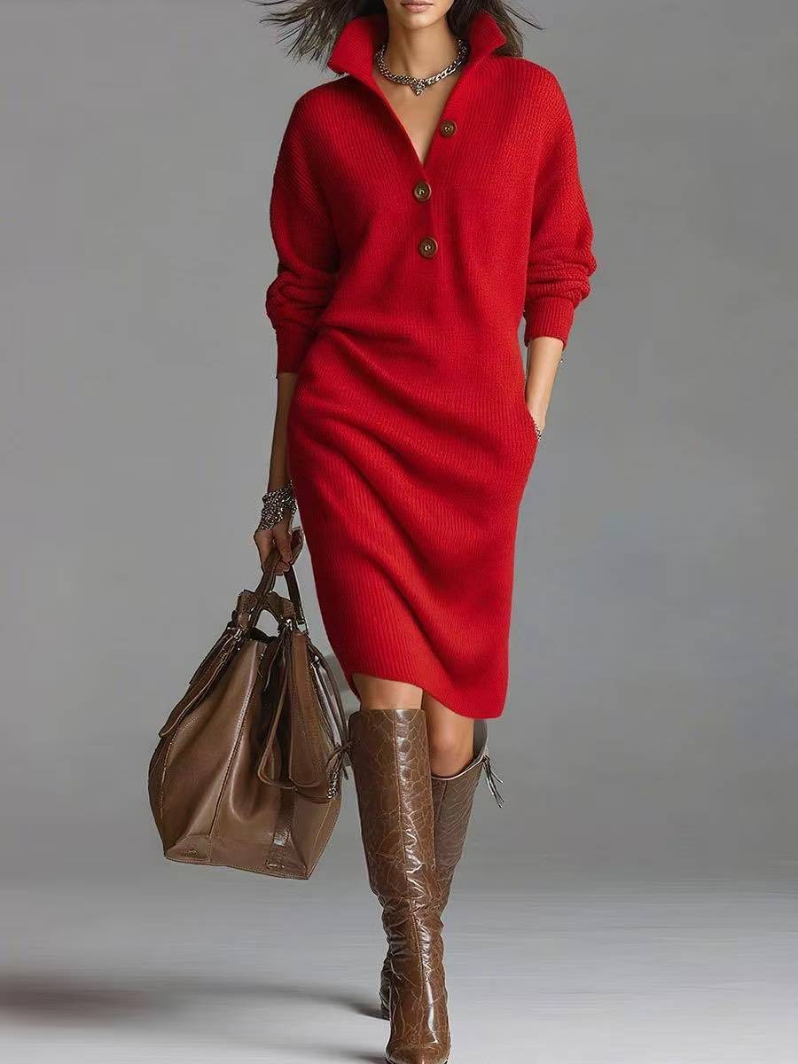 JEZELLE | BUTTON-UP KNIT MIDI DRESS - Red
