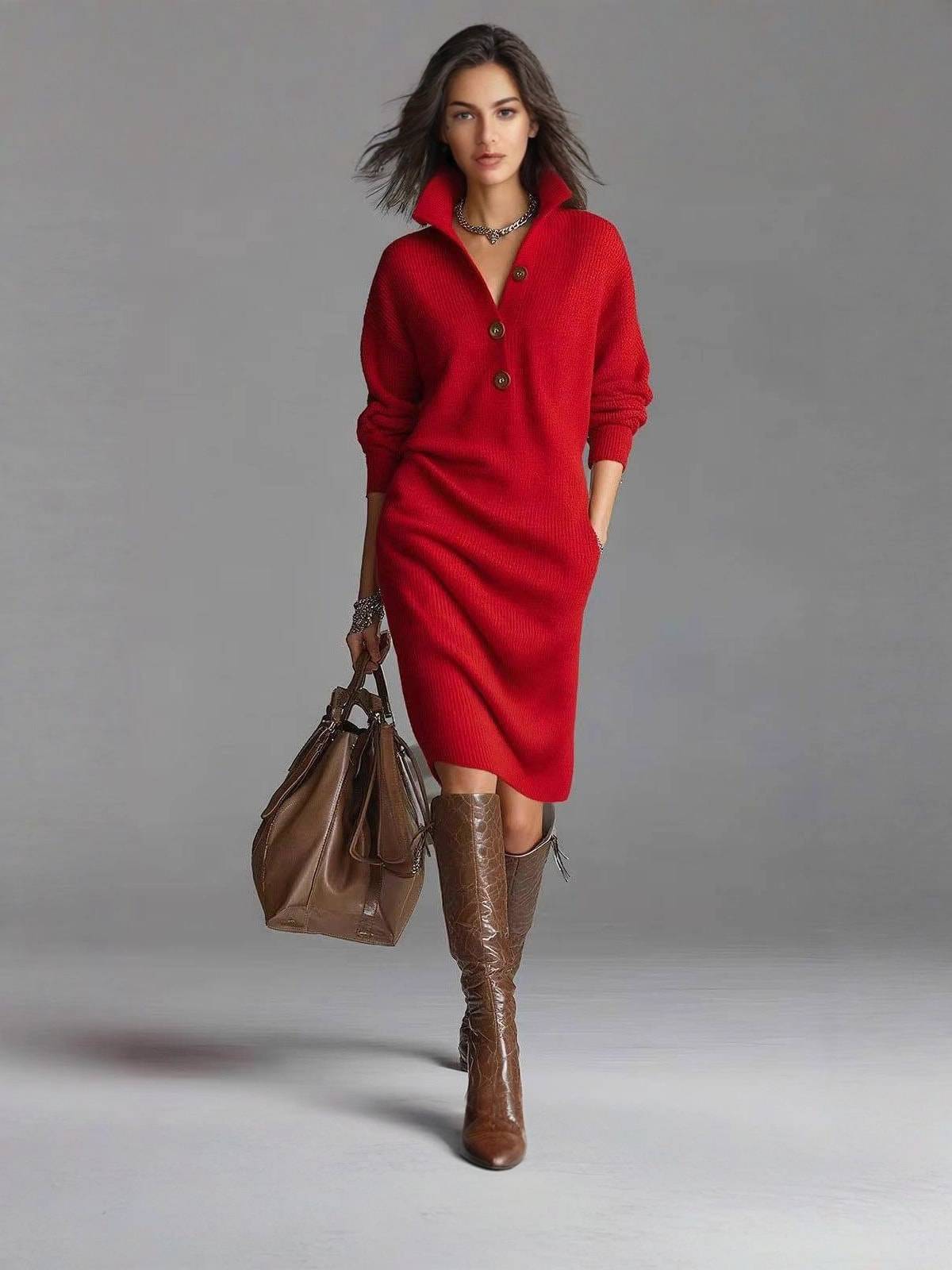 JEZELLE | BUTTON-UP KNIT MIDI DRESS - Red
