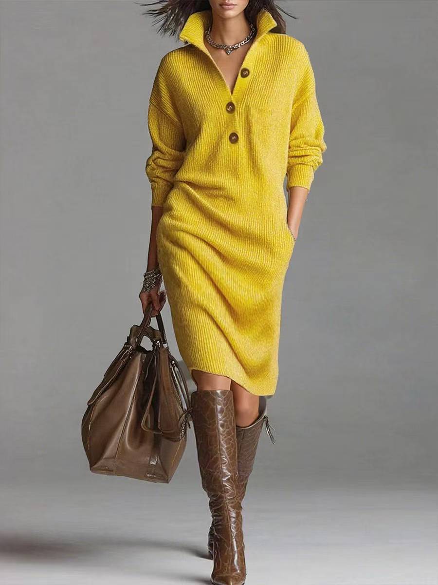 JEZELLE | BUTTON-UP KNIT MIDI DRESS - Yellow