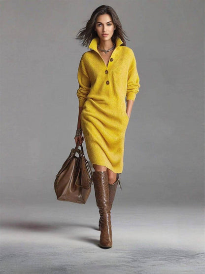 JEZELLE | BUTTON-UP KNIT MIDI DRESS - Yellow
