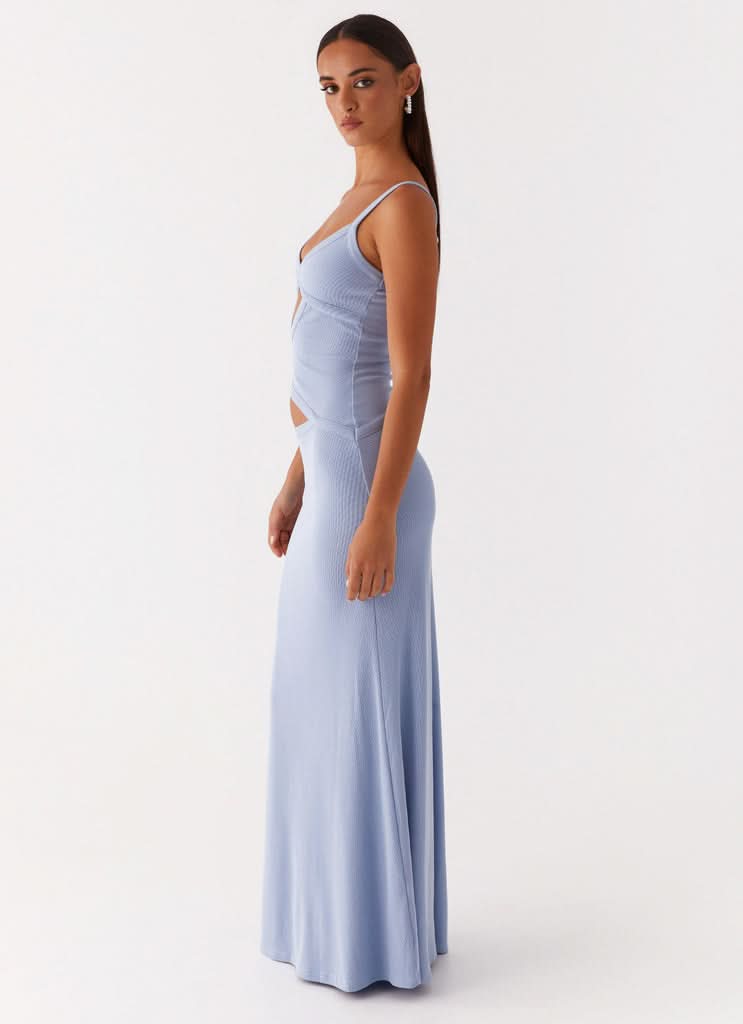Lavender ribbed maxi dress with side cutout and thin adjustable straps