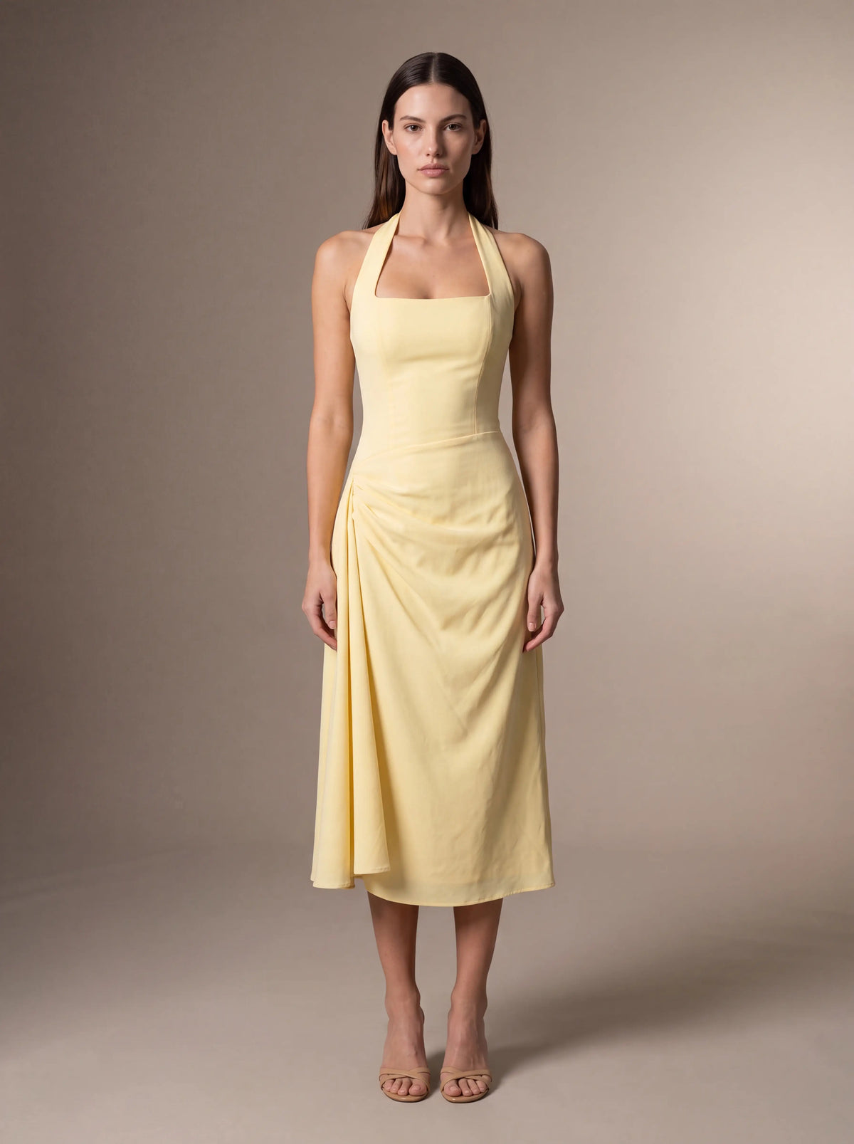 JOLANDA | SQUARE NECK HALTER MIDI DRESS - Butter Yellow