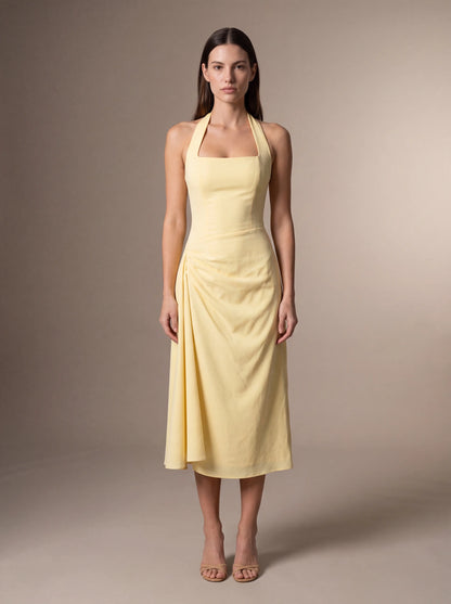 JOLANDA | SQUARE NECK HALTER MIDI DRESS - Butter Yellow