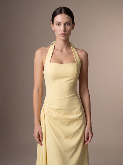 JOLANDA | SQUARE NECK HALTER MIDI DRESS - Butter Yellow