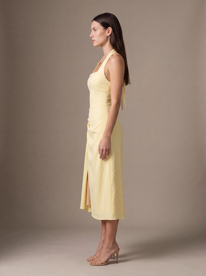 JOLANDA | SQUARE NECK HALTER MIDI DRESS - Butter Yellow