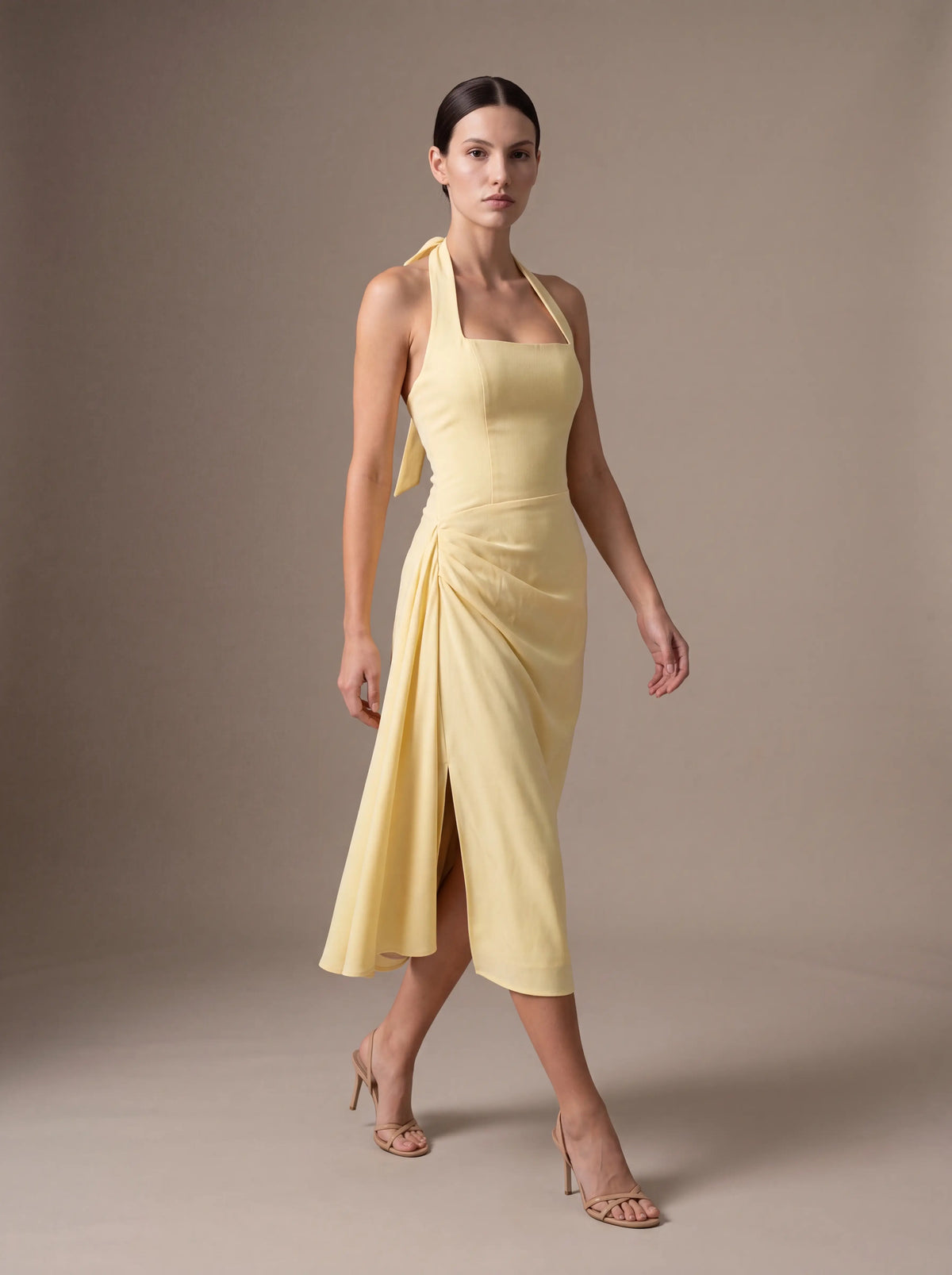 JOLANDA | SQUARE NECK HALTER MIDI DRESS - Butter Yellow