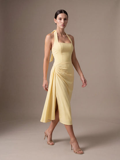 JOLANDA | SQUARE NECK HALTER MIDI DRESS - Butter Yellow