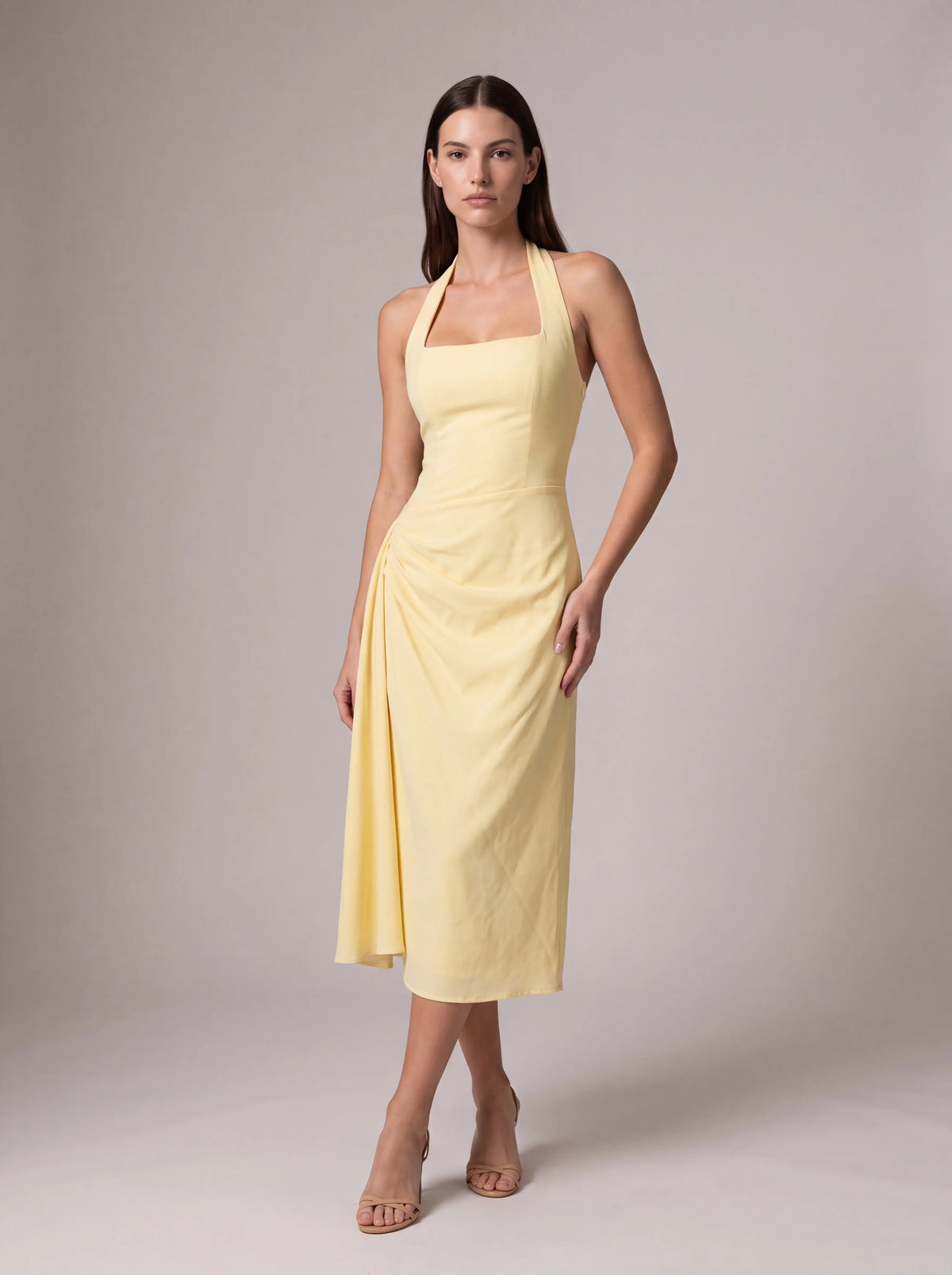 JOLANDA | SQUARE NECK HALTER MIDI DRESS - Butter Yellow