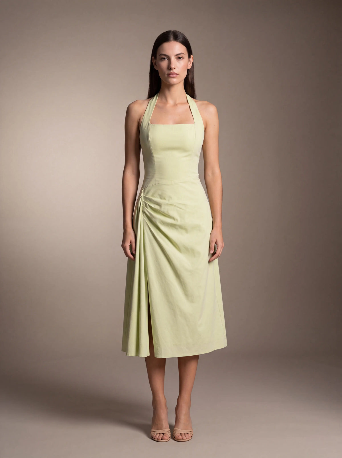 JOLANDA | SQUARE NECK HALTER MIDI DRESS - Lime Green