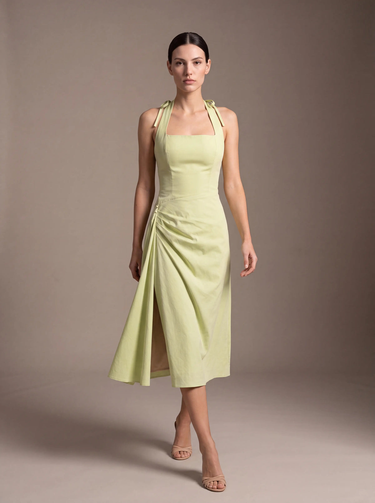 JOLANDA | SQUARE NECK HALTER MIDI DRESS - Lime Green