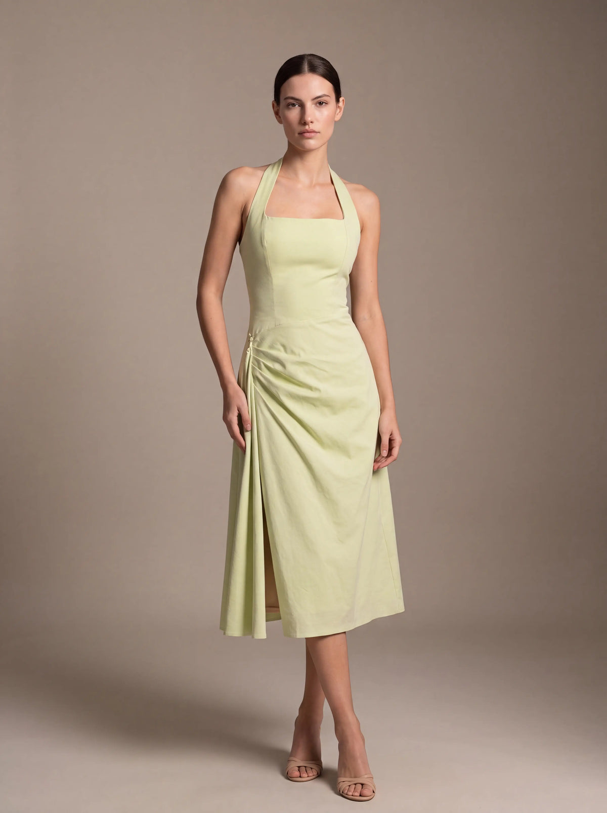 JOLANDA | SQUARE NECK HALTER MIDI DRESS - Lime Green