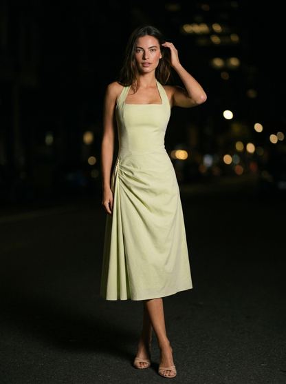 JOLANDA | SQUARE NECK HALTER MIDI DRESS - Lime Green