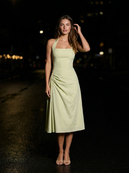 JOLANDA | SQUARE NECK HALTER MIDI DRESS - Lime Green