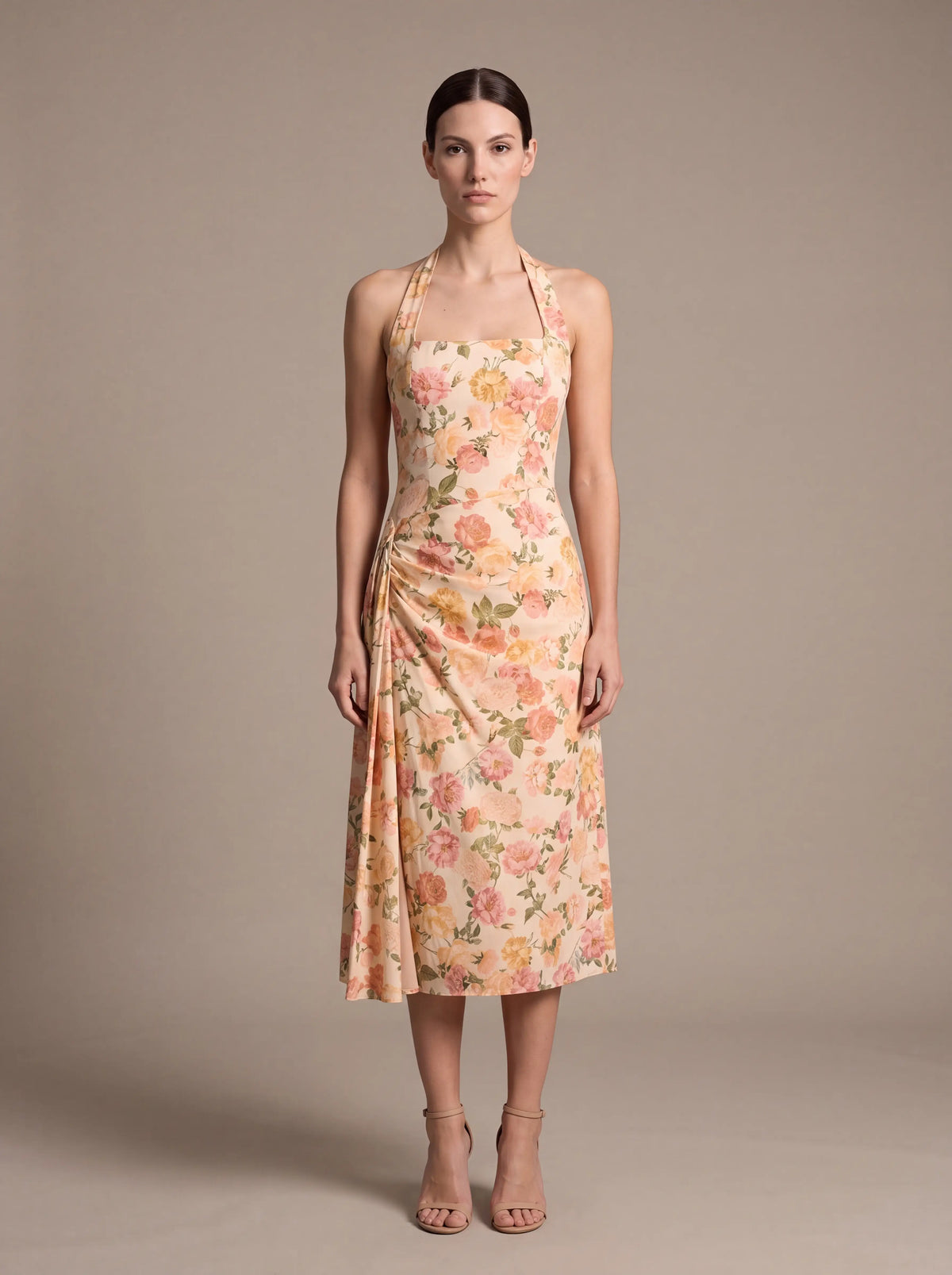 JOLANDA | SQUARE NECK HALTER MIDI DRESS - Peach Floral