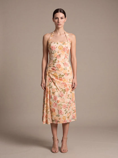 JOLANDA | SQUARE NECK HALTER MIDI DRESS - Peach Floral