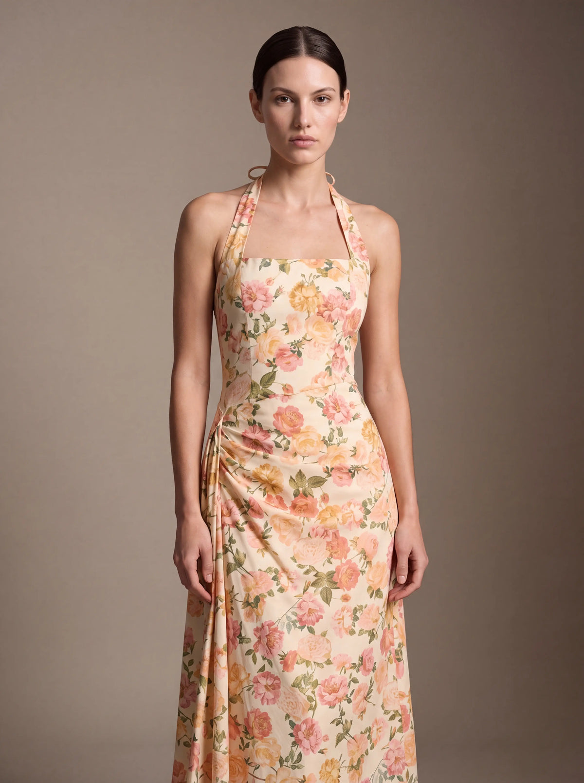 JOLANDA | SQUARE NECK HALTER MIDI DRESS - Peach Floral