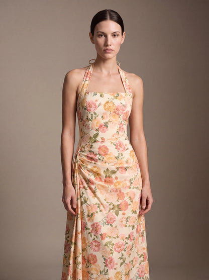 JOLANDA | SQUARE NECK HALTER MIDI DRESS - Peach Floral