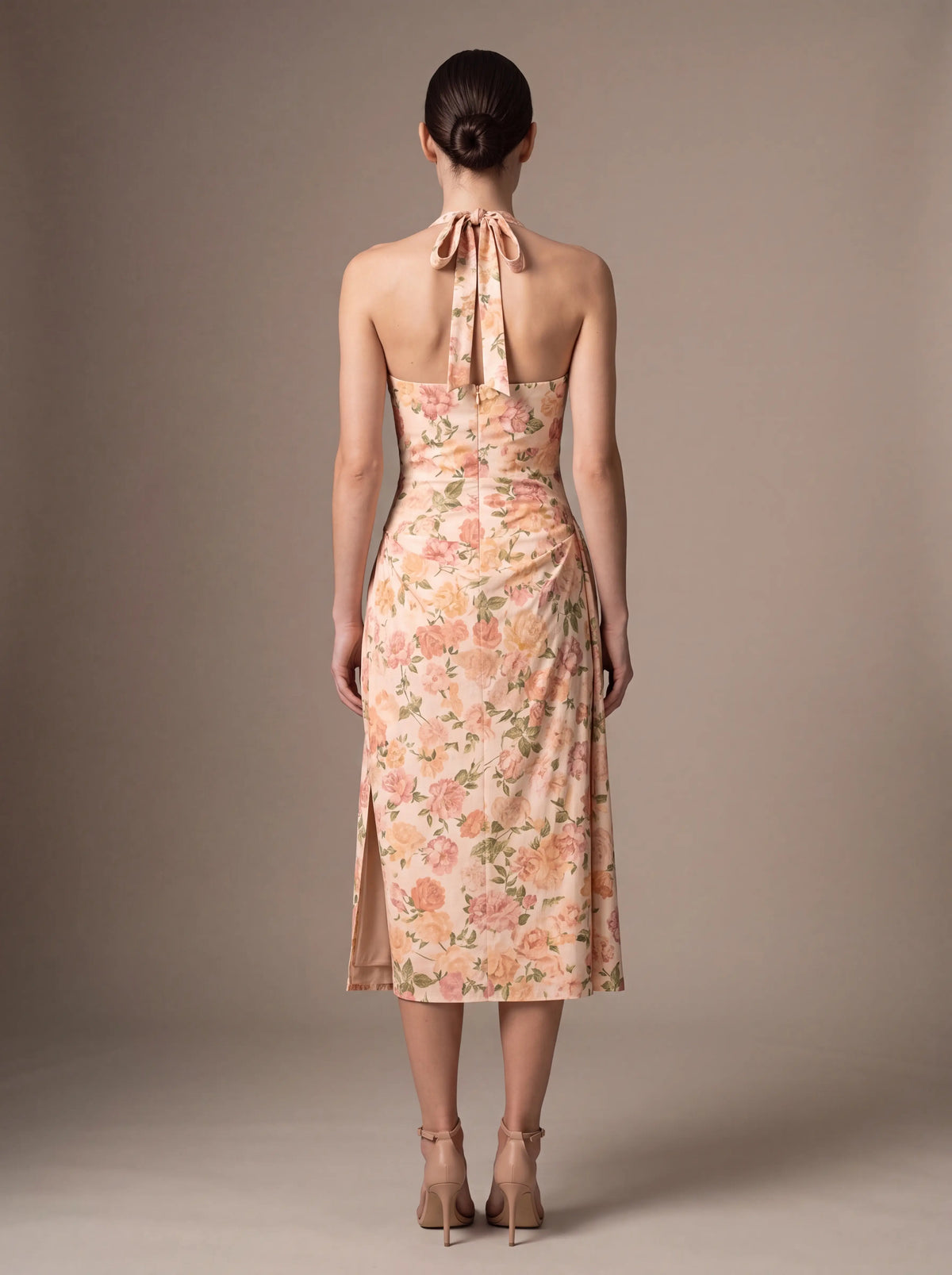 JOLANDA | SQUARE NECK HALTER MIDI DRESS - Peach Floral