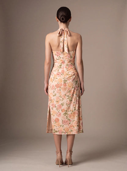 JOLANDA | SQUARE NECK HALTER MIDI DRESS - Peach Floral