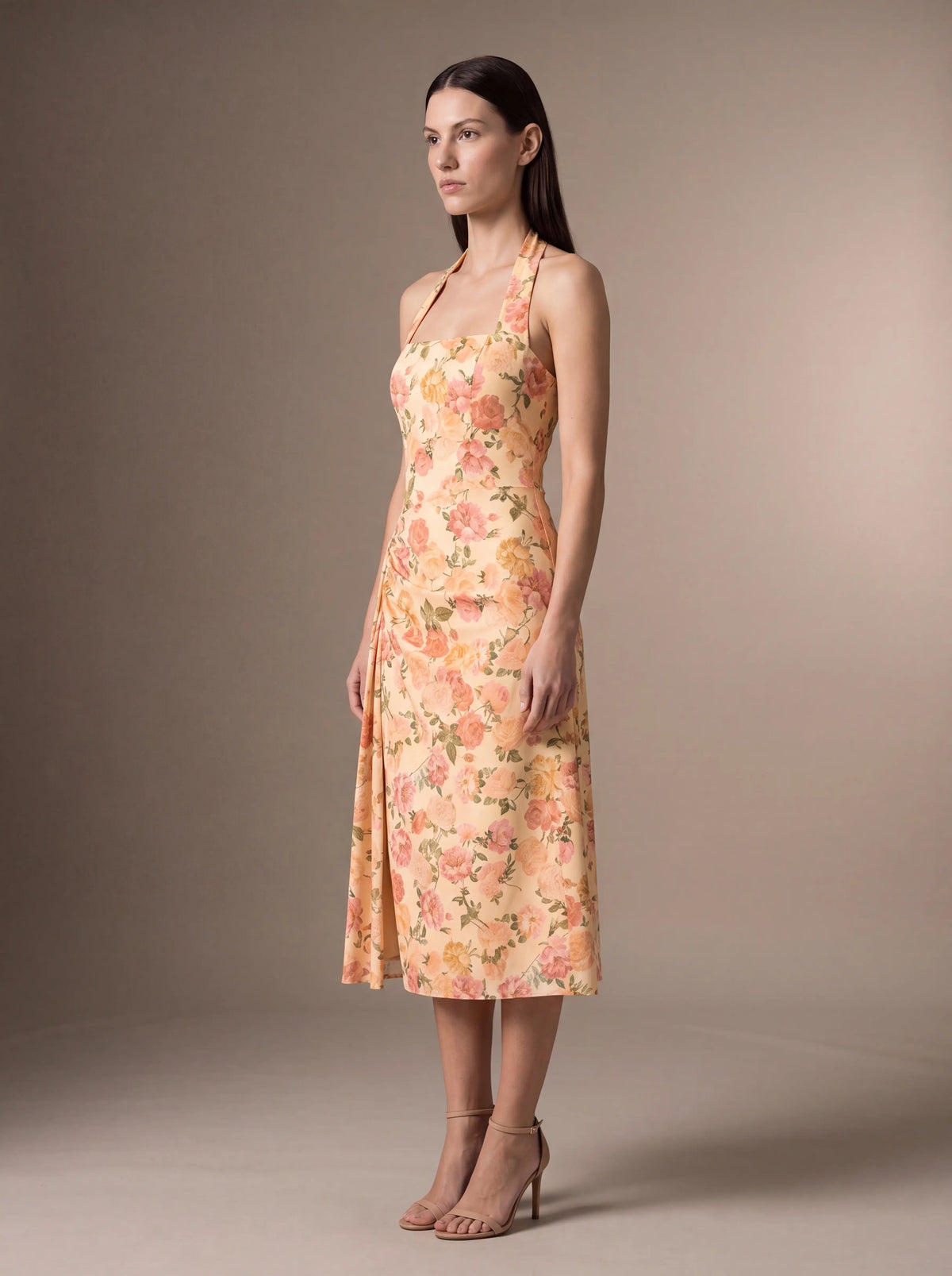 JOLANDA | SQUARE NECK HALTER MIDI DRESS - Peach Floral