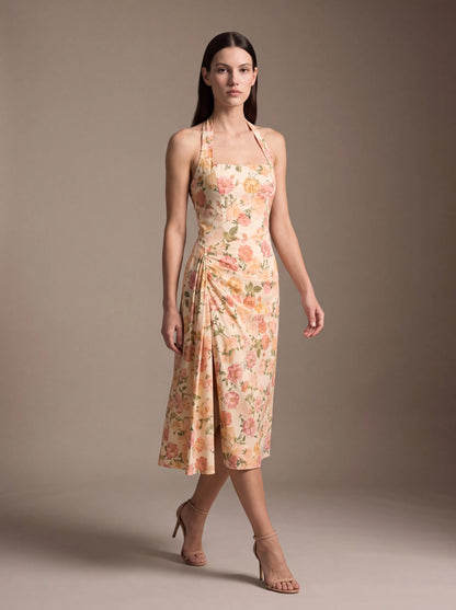 JOLANDA | SQUARE NECK HALTER MIDI DRESS - Peach Floral